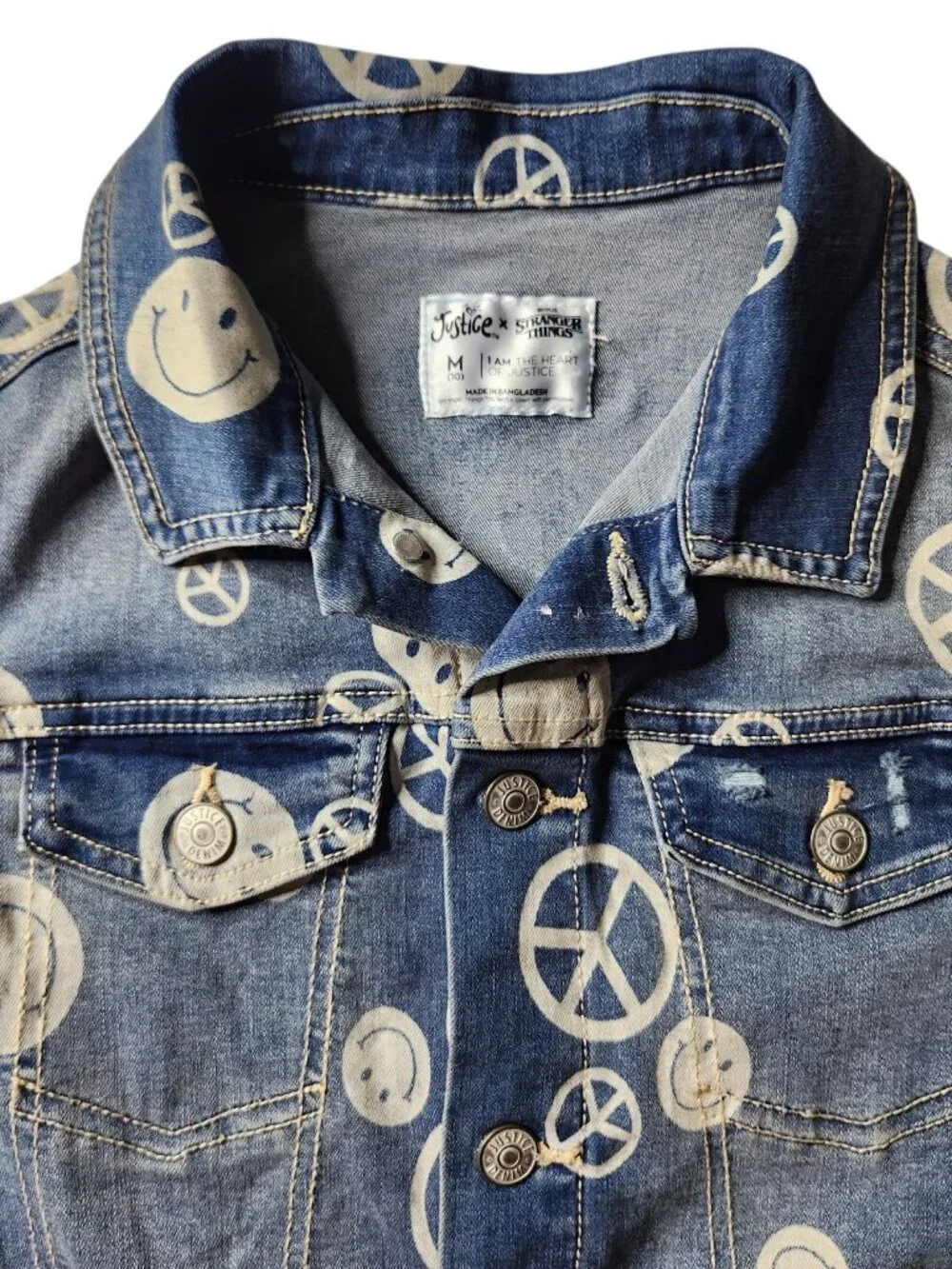 Girl’s Justice X Stranger Things Soft Denim Peace Sign Smiley Face Jacket Size M